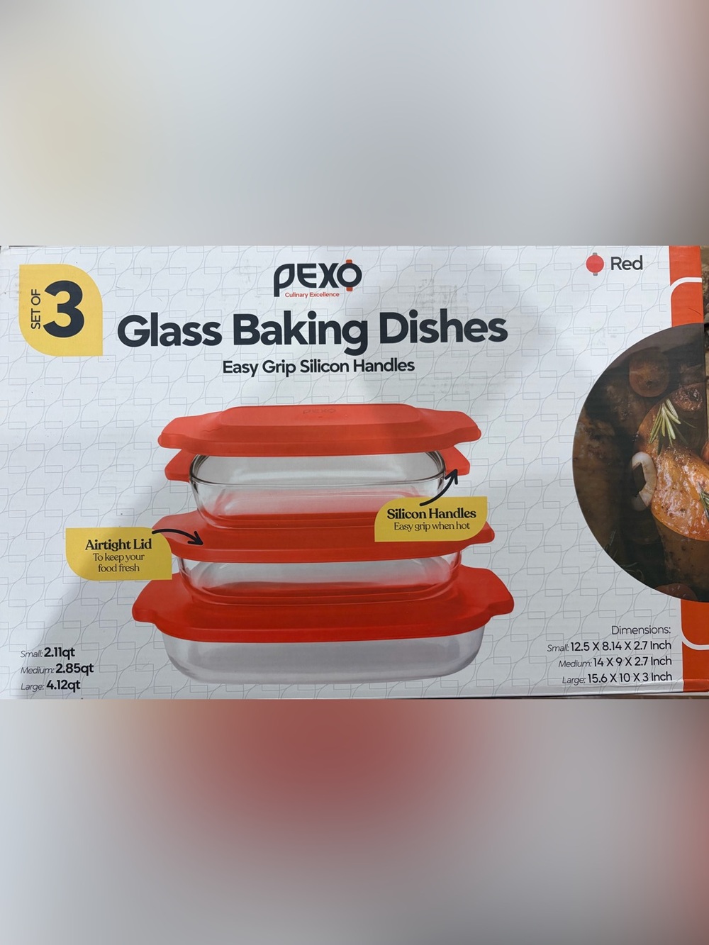 Pexo Glass Baking Dishes with Red Silicone Handles-unopened